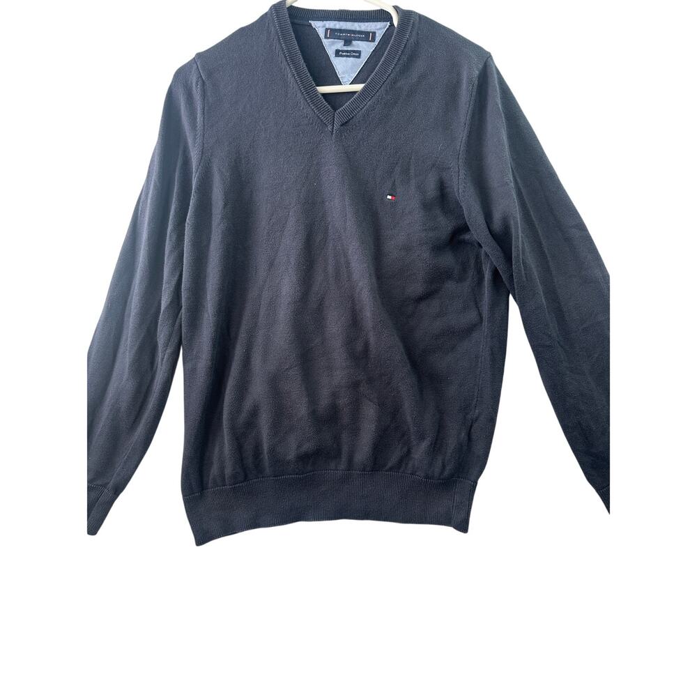 Tommy Hilfiger Men’s Navy Solid Logo V-Neck Sweater – Size M